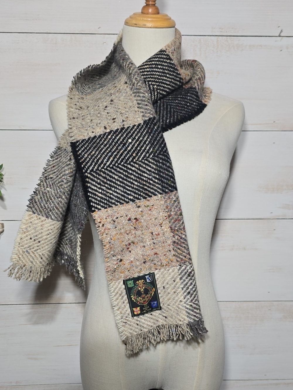 Vintage Irish Donegal Tweed Wool Patchwork Scarf – Made in Ireland